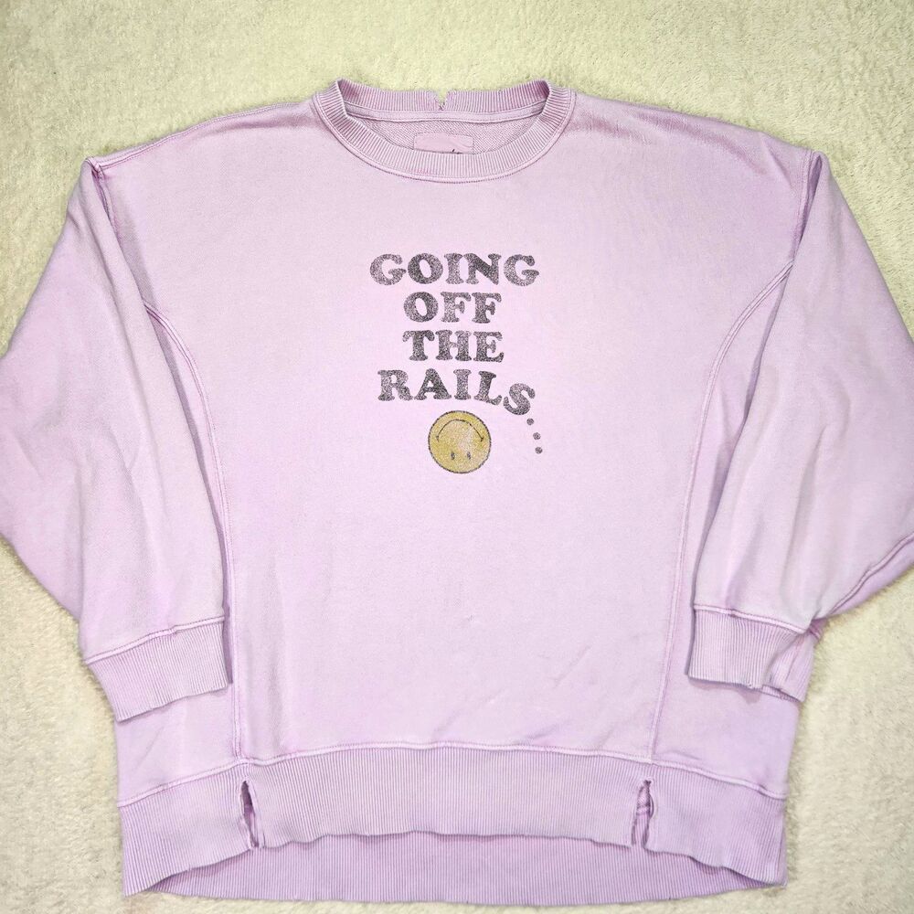 Aerie Women’s M Oversized Crewneck Sweatshirt Lavender Smiley Graphic Raglan